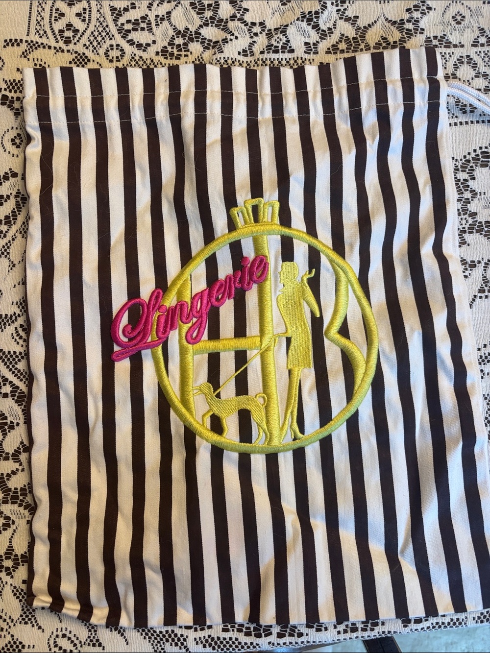 Lingerie Embroidered Stripe Drawstring Bag - Black & White